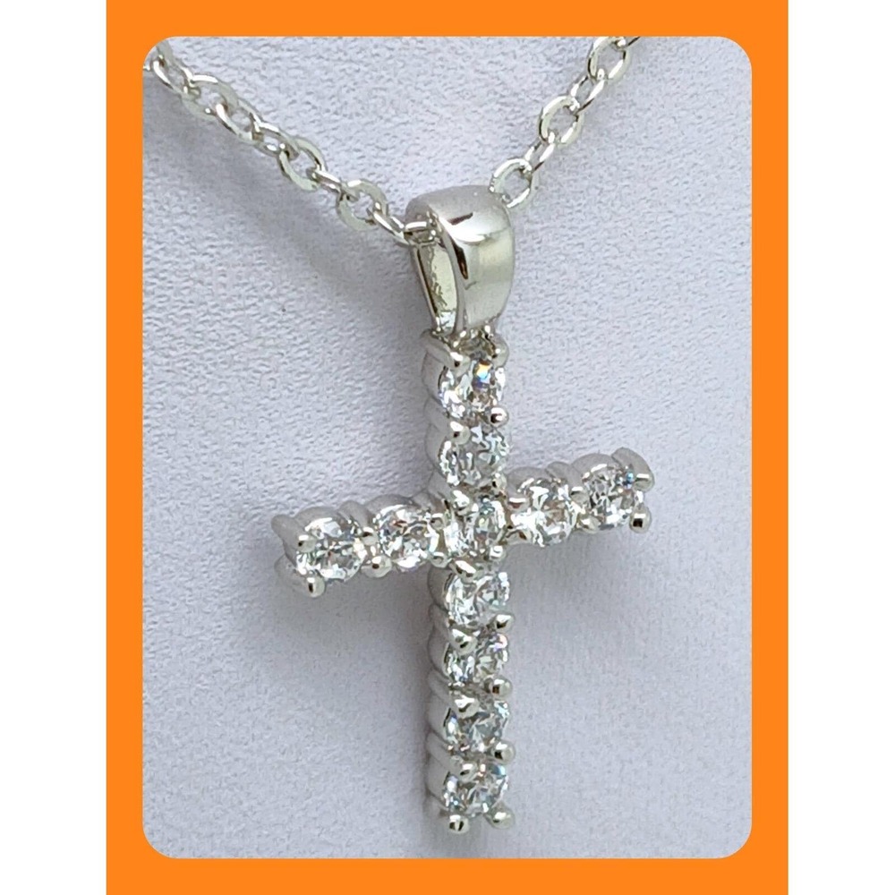 Vintage 1990s Cubic Zirconia Cross Pendant Necklace Silver Tone 16-18 inch
